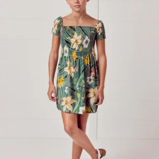 Vestido com padrão tropical com scrunchie