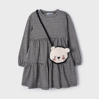Vestido com estampado vichy e bolsa