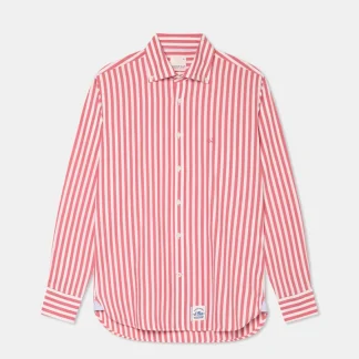 Camisa slim fit com colarinho com botão em tecido de algodão com riscas